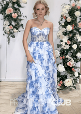 Nicola |Long Light Blue Floral Prom Dresses Near Me With Tulle Tiered A Line Strapless Sweetheart - Price #price_variant_lowest# - Blue Floral - PromDressClub
